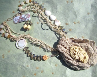 Iris - Grandmother Spider "Intention Keeper" necklace & earring set w antique hand-crocheted finger purse, tatting, lace, MOP, bone