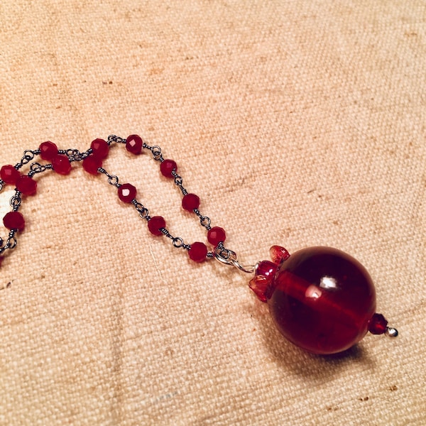 Pomegranate - Winter's Fruit necklace of handmade lampwork glass bead for sacred adornment for teen, girl, rite of passage, menarche, nature
