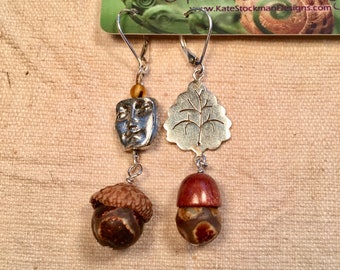 The Mighty Acorn - sterling lever-back wire earrings with real acorn cap, glass, wood, pewter