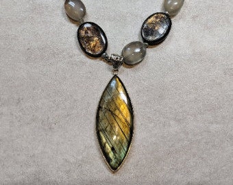 Mirrors & Reflections -- sterling necklace w labradorite, mica, grey moonstone, pyrite, moon, layers, scry, vision, seer, priestess, queen