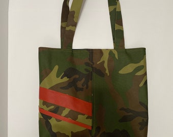 Large Laptop Camouflage Tote with Tangerine Leather Accents-Unisex Everyday Shoulder Bag, Durable Cotton Vinyl Blend Tote with Pocket
