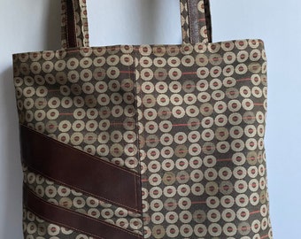 Tall pattern tote with brown leather accents