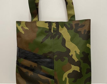 Large laptop Camouflage Tote with Black Leather Accents-Unisex Everyday Shoulder Bag, Durable Cotton Vinyl Blend Tote with Pocket