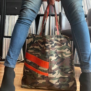 BeccaLov Large Camouflage unisex tote with Tangerine leather accents