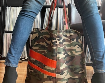 Large camouflage unisex tote with  tangerine leather accents