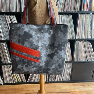 BeccaLov Large durable unisex gray canvas camouflage tote with Tangerine leather accents