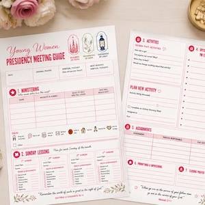 Op de afbeelding: Twee witte vellen papier met de titel Young Women Presidency Meeting Guide met roze tekst en lijnen. De formulieren bevatten secties voor bediening, zondagslessen, activiteiten en opdrachten, voorzien van kleine iconen.