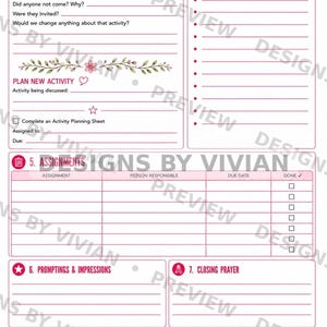 May include: A printable planner page with sections for activities, upcoming events, assignments, promptings, and closing prayer. The document features pink text, lines for writing, and floral illustrations with the quote When ye are in the service of your fellow man ye are in the service of your God. Mosiah 2:17.