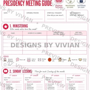 May include: A Young Women Presidency Meeting Guide planner sheet with pink borders and text. It includes sections for ministering, Sunday lessons, and spiritual thoughts, featuring icons for builders of faith, messengers of hope, and gatherers of light.