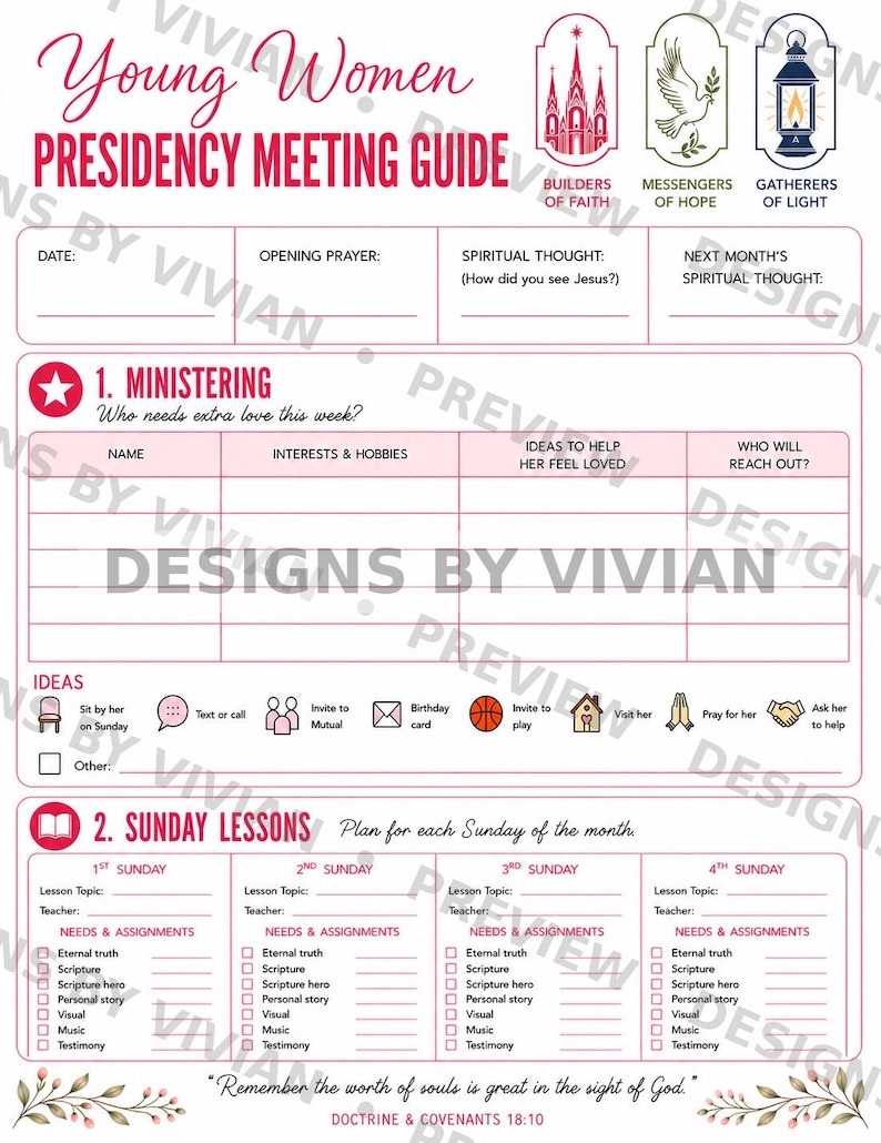 May include: A Young Women Presidency Meeting Guide planner sheet with pink borders and text. It includes sections for ministering, Sunday lessons, and spiritual thoughts, featuring icons for builders of faith, messengers of hope, and gatherers of light.