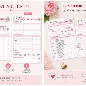 May include: A two-page Young Women Activity Planner printable PDF in US letter size 8.5 inches by 11 inches. The document features pink headers, tables for supplies, planning timelines, and follow-up sections with icons for temple, flowers, and shoes.