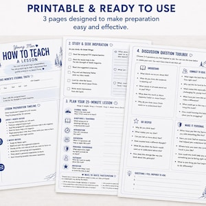 May include: Three printable pages titled Young Men How to Teach a Lesson, Study & Seek Inspiration, and Discussion Question Toolbox. The documents feature blue text, mountain and tree illustrations, checklists, and structured sections for planning.