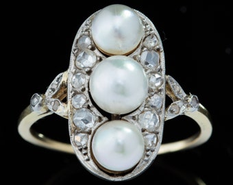 Edwardian Elegant  Saltwater Pearl and Diamond Trilogy Ring