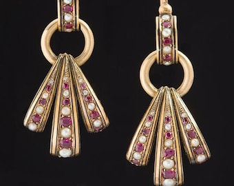 Rare Victorian Natural Ruby And Pearl Black Enamel Elegant Drop Earrings