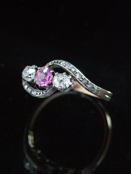 Art Nouveau Natural Pink Sapphire and Diamond Trilogy Ring - Etsy UK