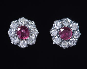 Art Deco Natural Ruby and Diamond Timeless Cluster Stud Earrings