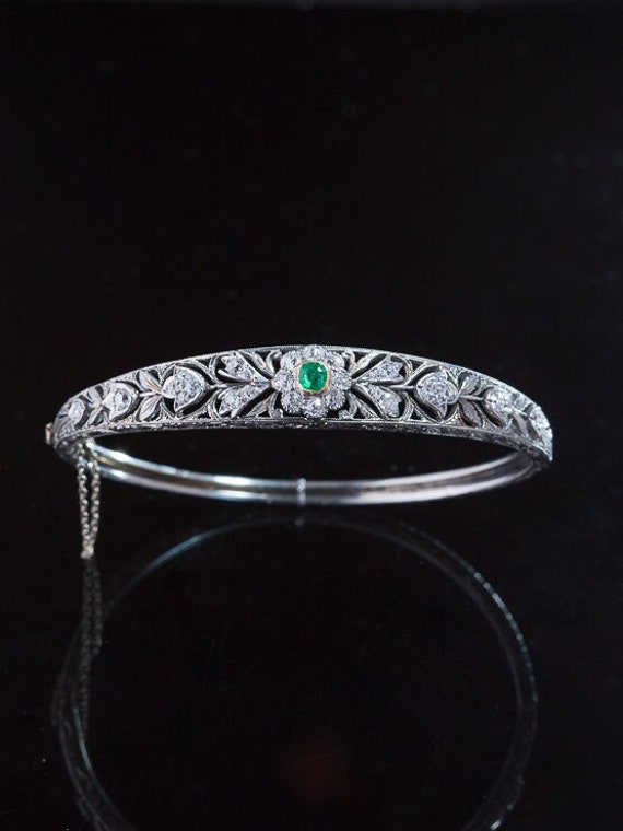 Antique Edwardian Natural Emerald and Diamonds Whi