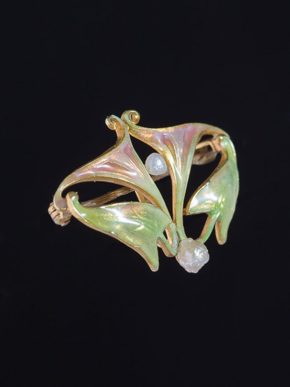 Art Nouveau Natural Pearl and Iridescent Enamel G… - image 4