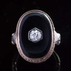 Antique Art Deco Dramatic Black Onyx and Diamond Gold Ring