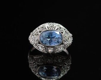 Art Deco  natural colour change Ceylon Sapphire and  Diamond ring