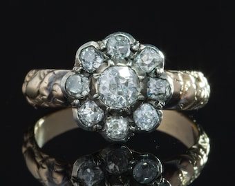 Antique Georgian 1.80 Ct Diamond Gold Daisy Cluster Ring