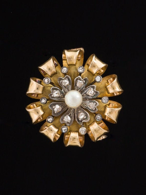 Vintage Pearl and Diamond 18 carat gold French Fl… - image 1