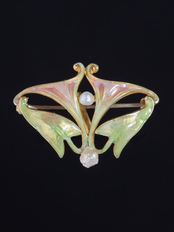 Art Nouveau Natural Pearl and Iridescent Enamel G… - image 1