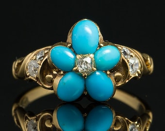 Victorian Natural Turquoise and Diamond  Secret Locket Pansy Flower Sentimental ring