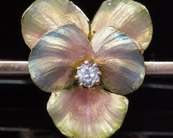 Art Nouveau Iridescent enamel and Diamond Dreamy Pansy Brooch