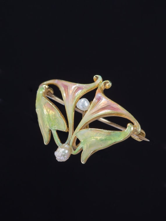 Art Nouveau Natural Pearl and Iridescent Enamel G… - image 5