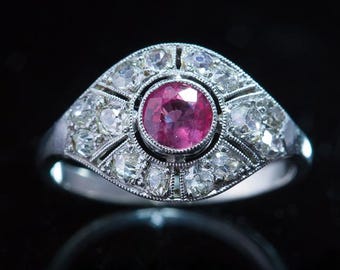 Art Deco Natural Pink Sapphire and Diamond French Ring