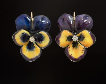 Art Nouveau Glamorous Diamond and Polychrome enamel Huge Pansy Earrings