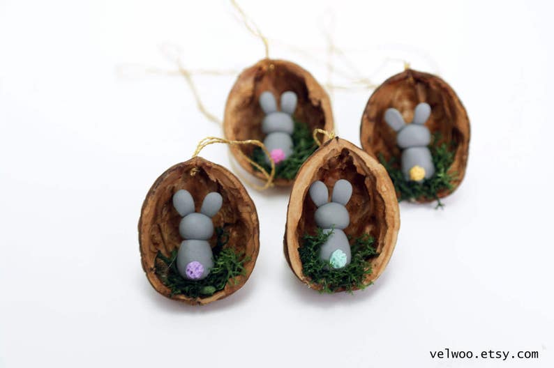 Easter decoration bunny in walnut shell bunny decoration nut shell rabbit decoration animal ornament Mothers Day gift