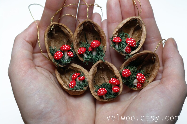 Mushroom Christmas Ornaments - walnut shell ornament - Handmade Ornament - Holiday decor 