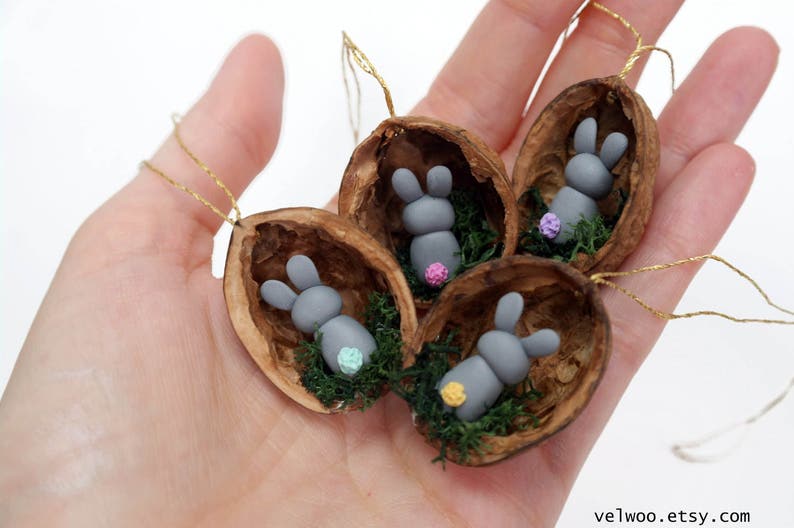 Easter decoration bunny in walnut shell bunny decoration nut shell rabbit decoration animal ornament Mothers Day gift