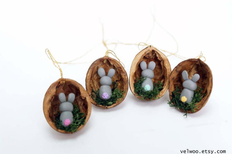 Easter decoration bunny in walnut shell bunny decoration nut shell rabbit decoration animal ornament Mothers Day gift