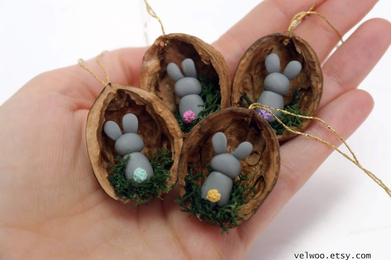 Easter decoration bunny in walnut shell bunny decoration nut shell rabbit decoration animal ornament Mothers Day gift