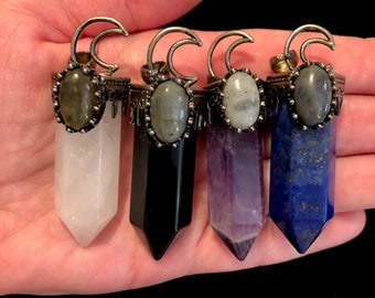 Large Genuine Crystal & Crescent Moon Gemstone Pendant Necklace. Lapis Black Onyx Rose Quartz Banded Amethyst Antiqued Silver Plate Unique