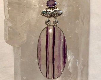 Beautiful Genuine Fluorite & Amethyst Crystal Pendant Necklace. Set in 925 Sterling Silver. Large 15.49 Grams Purple. Unique Gift For Her