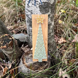 May include: A green and yellow string art Christmas tree with a gold star on top. The art is on a wooden board with the text "Nailed It" in blue.