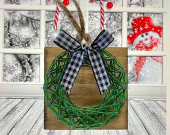 Wreath string art ornament, cute holiday decor, Christmas tree ornament, rustic decor, gift for friend, Christmas gifts, wreath and bow