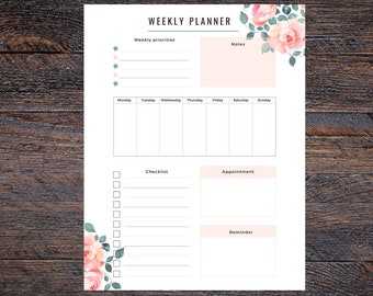 Pink Green White Peony Floral PRINTABLE Week On One Page Printable, Minimalist Weekly Planner Printable