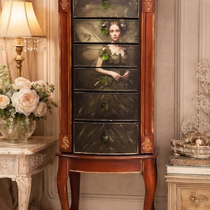 Restored Victorian Jewelry Armoire: Emerald Glass Knobs, Nymph Detail