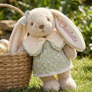 May include: A plush bunny wearing a floral dress and a bow, with the name "Charlotte" embroidered on its ear, stands next to a wicker basket filled with decorated Easter eggs. The scene is set on green grass.