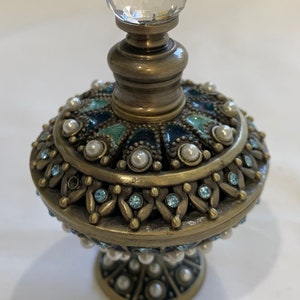 Vintage Austrian Brass Perfume Bottle With Green Enameled Brass & Faux Jewels