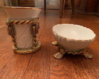 Vintage Porcelain and Brass Soap Dish and Toothbrush Holder