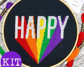 CROSS STITCH KIT - 'Happy' (complete kit, including 8" frame)