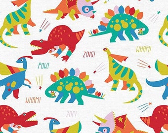 Superhero Dinosaur Cotton Fabric | Comic Book Style