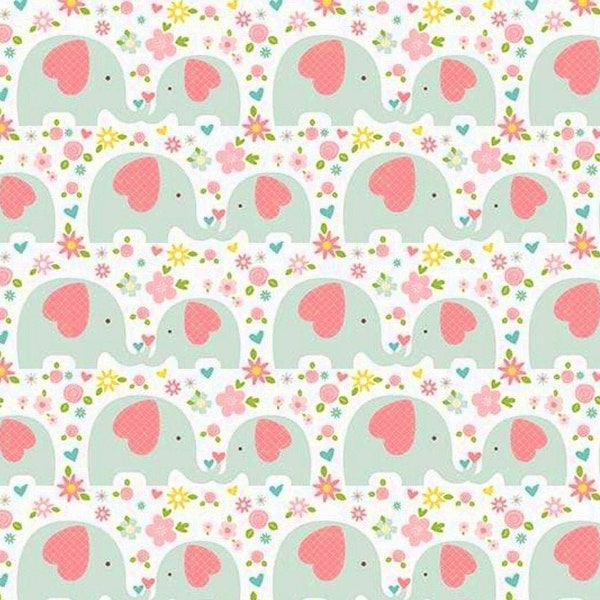 COTTON FABRIC Elephants mint - Riley Blake 'Sweet Baby Girl' collection