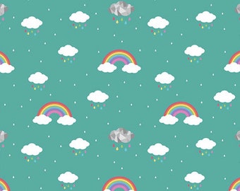 Rainbow Cotton Fabric | Green, Clouds, Raindrops by Riley Blake